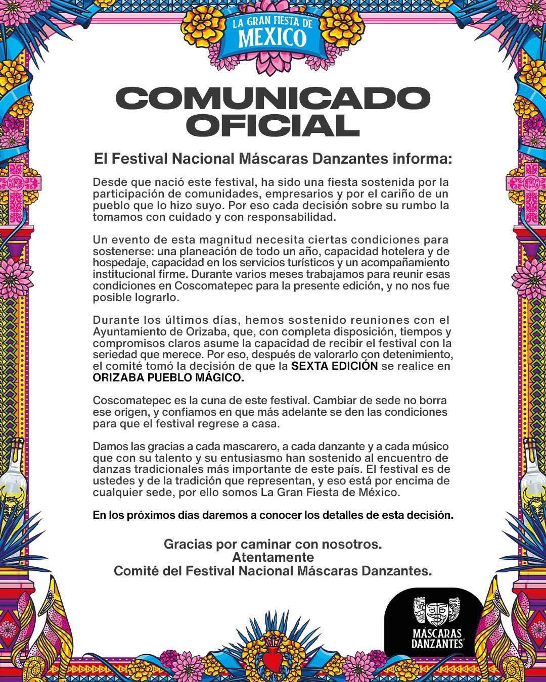 Anuncian cambio de sede para el Festival Nacional Máscaras Danzantes
